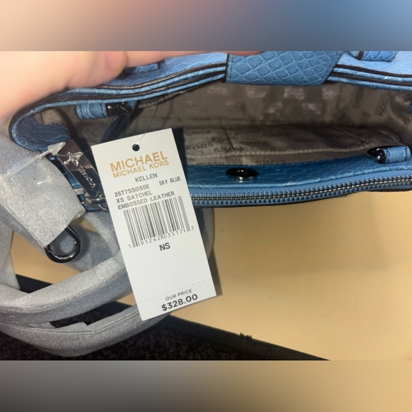 NWT MICHAEL KORS KELLEN SKY BLUE EMBOSSED Medium SATCHEL LEATHER MSRP $328 - Picture 3 of 14